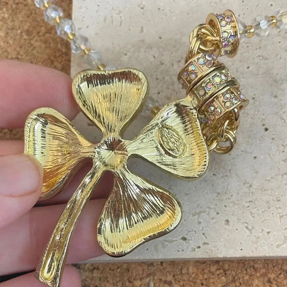 Kirks Folly Crystal Shamrock Clover Necklace Green Blue Lucky Charm Statement - Picture 5 of 6